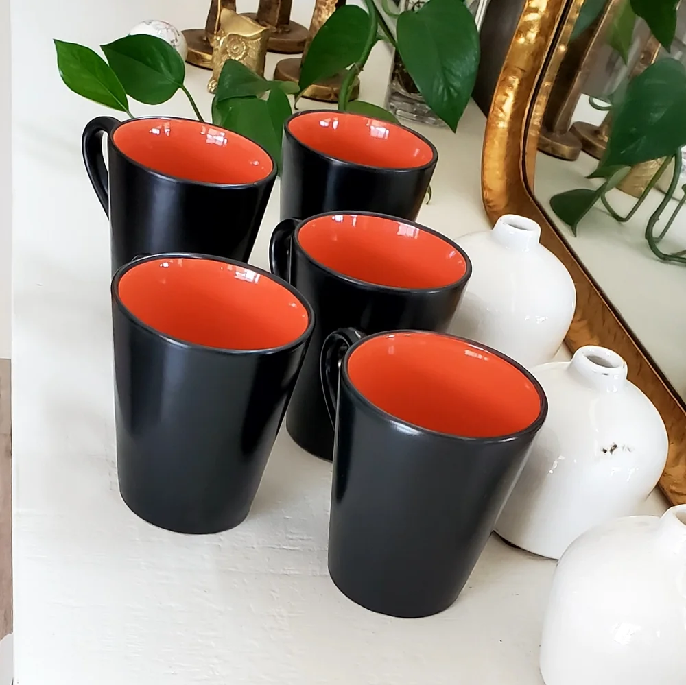 Pier 1, Set of 5, Ebony Rim Coral Colorblock Stoneware Coffee Cups, 14oz, EUC